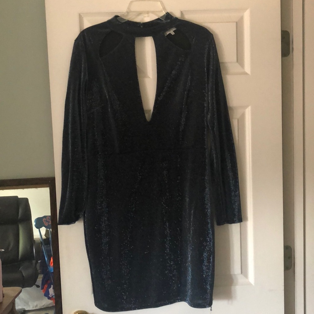 Blue sparkly plunging party dress